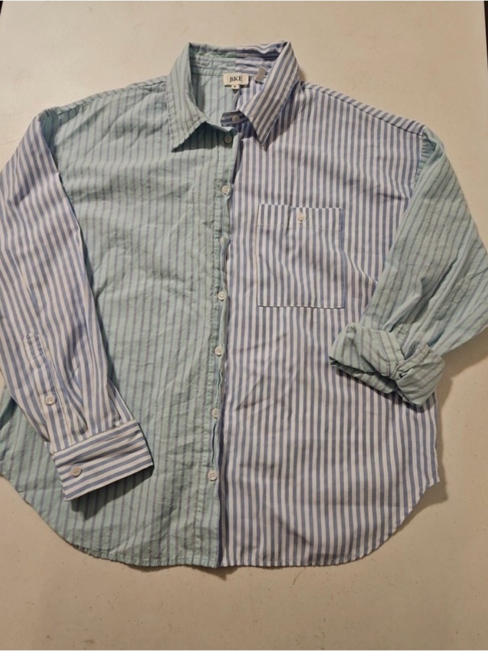 BKE Women's Boyfriend Two-Tone Light Blue Striped Button-Up Shirt